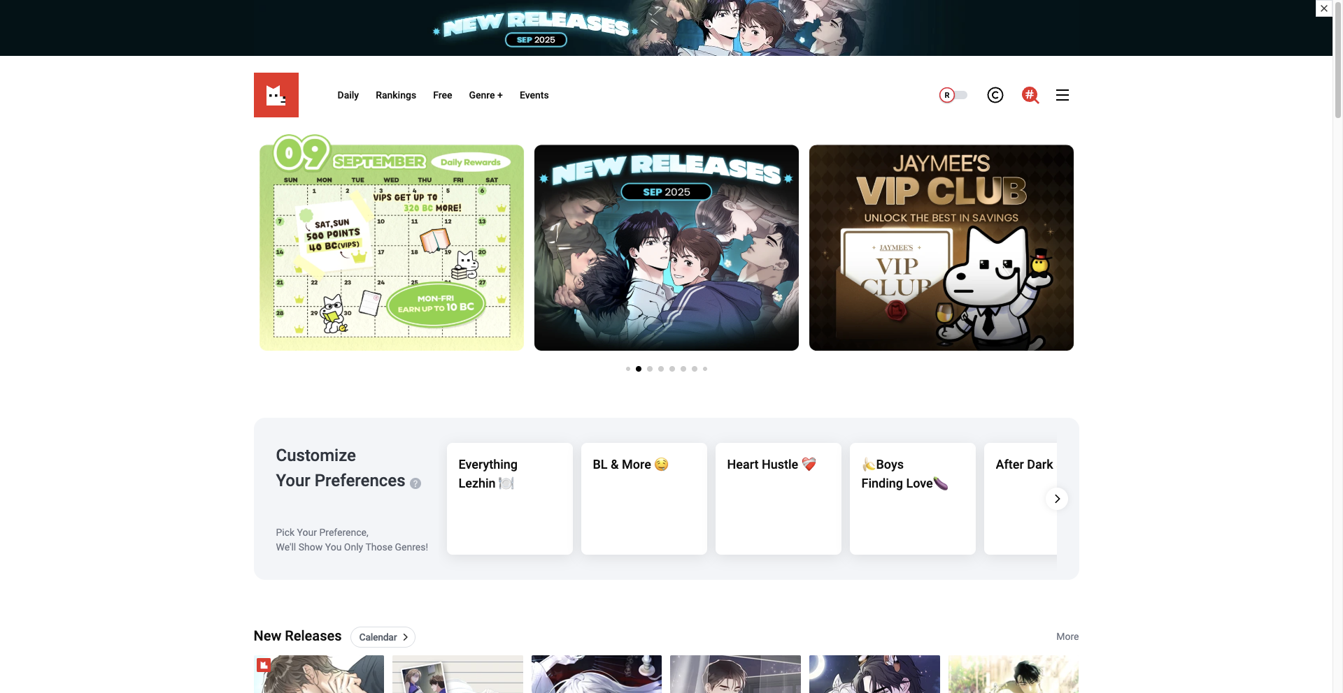 Lezhin Comics platform homepage showing mature and premium content