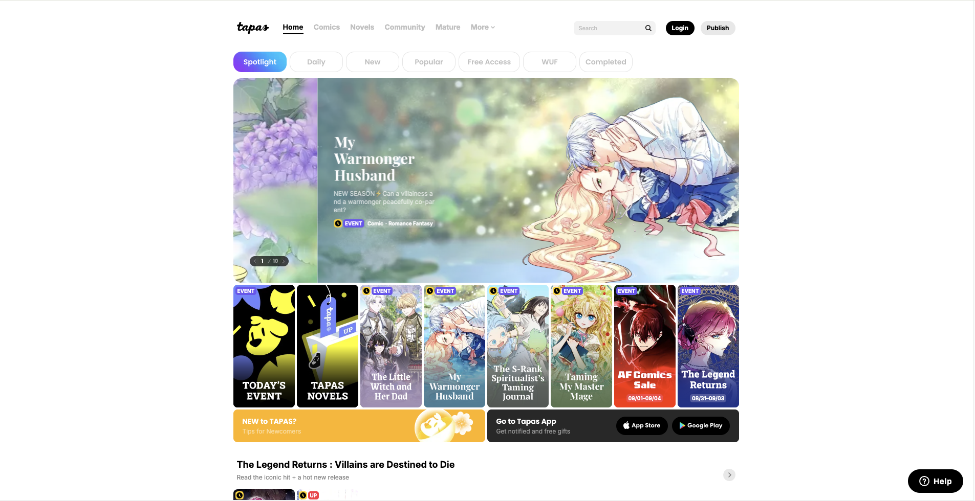 Tapas platform homepage showing featured comics and events
