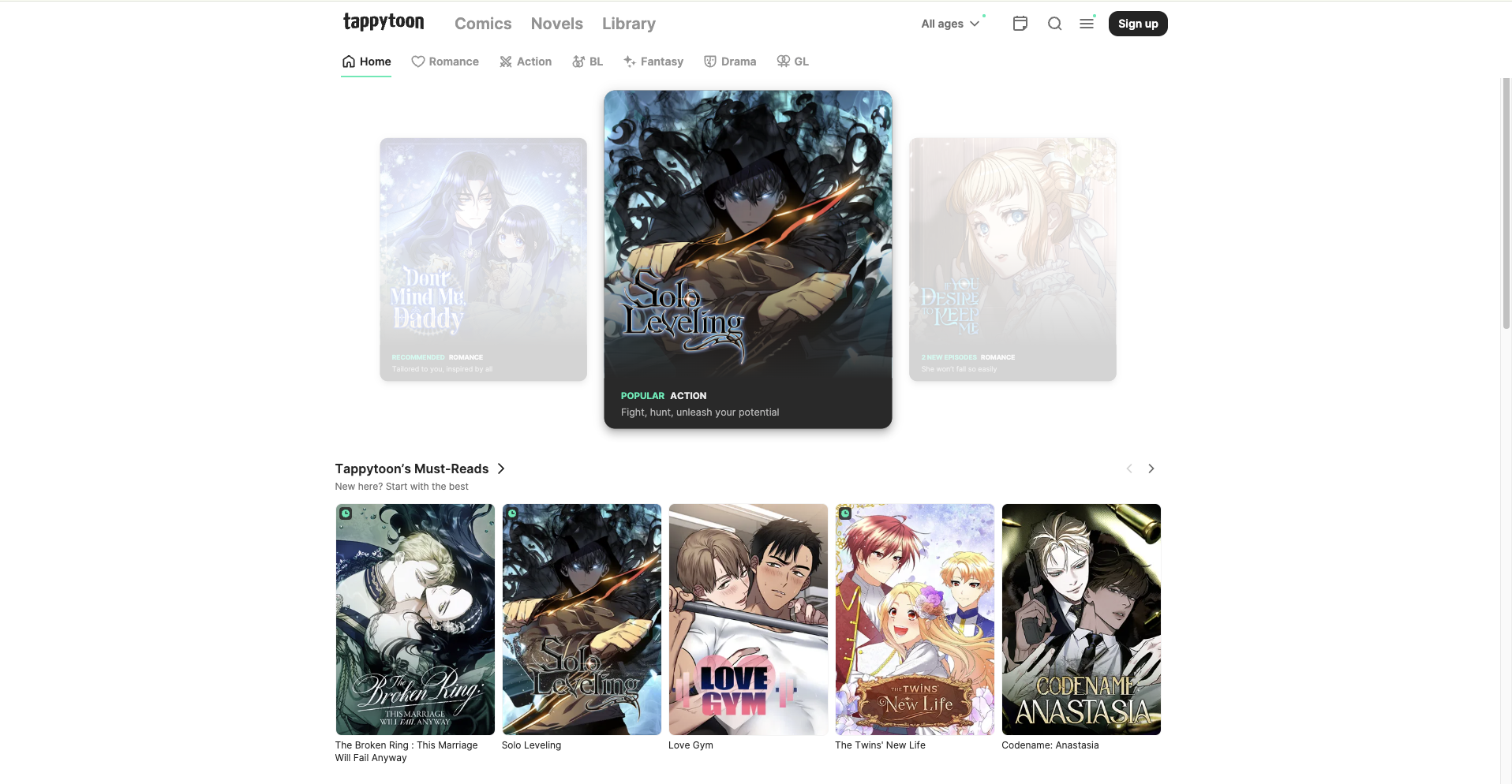 Tappytoon platform homepage showcasing officially licensed Korean manhwa